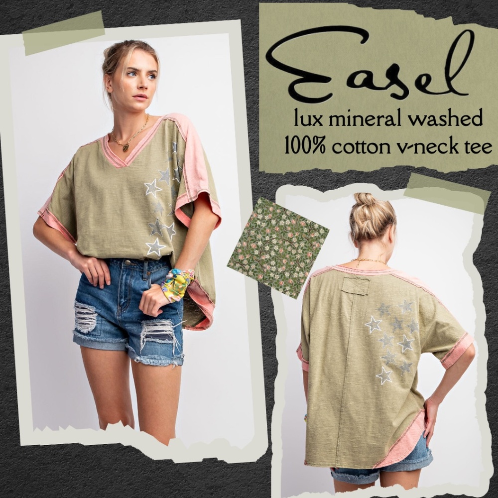 EASEL Lux 100% Cotton Mineral Washed Star Print Tee V-Neck Decorative Stitching